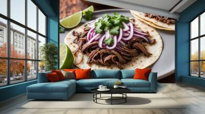 Slow cooked beef barbacoa with tender shredded beef served on corn tortillas with diced onions, AI Generated Wall mural