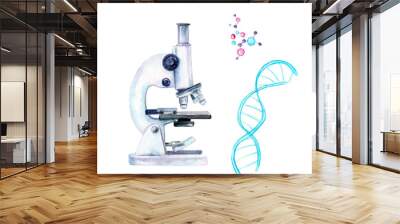 watercolor drawing - microscope, DNA, molecules, research on viruses Wall mural