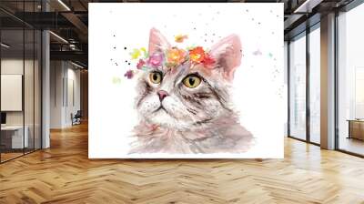 watercolor drawing of an animal - cat in flowers Wall mural