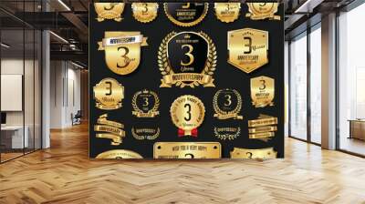 Anniversary retro vintage golden badges and labels vector 3 years Wall mural