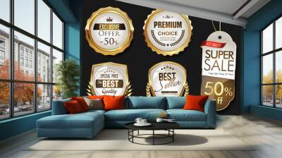 Collection of golden badges labels and tags  Wall mural