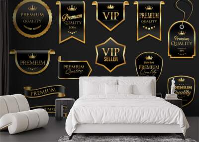 Golden luxury labels and badges gold premium quality certificate ribbons vector illustration Wall mural