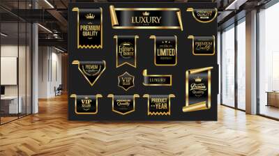 Golden luxury labels and badges premium quality certificate ribbons vector illustration Wall mural