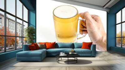 man hand holdin frosty glass of light beer for drinking on a white background Wall mural