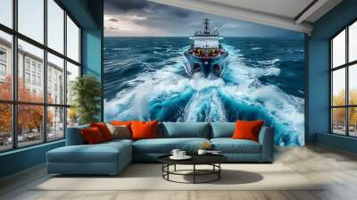 Boat navigating through rough sea waters Wall mural