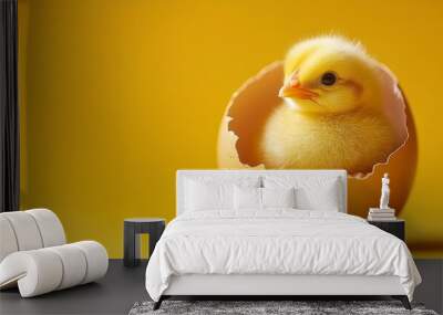 Cute yellow chick emerging from a cracked egg on a bright yellow background Wall mural