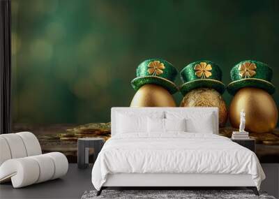 Golden Eggs with Clover Hats and Gold Coins. St. Patrick's Day decoration Wall mural