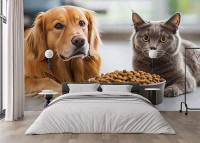 Golden retriever and cat sitting together near a bowl of food Wall mural