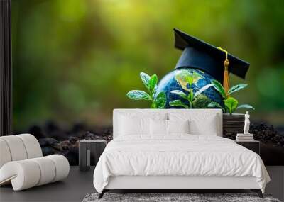 Graduation cap on a small globe with growing plants and coins symbolizing education and sustainability Wall mural