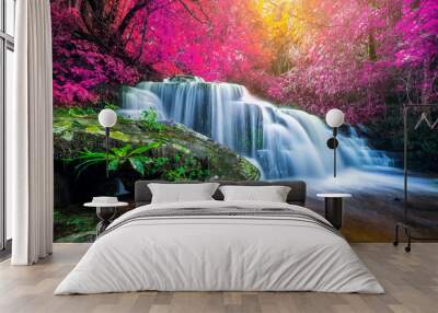 Amazing in nature, beautiful waterfall at colorful autumn forest in fall season Wall mural