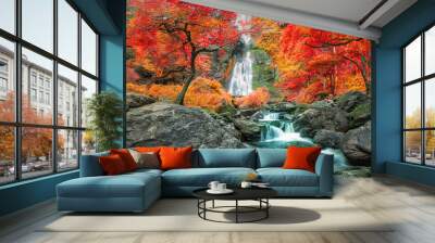 Amazing in nature, beautiful waterfall at colorful autumn forest in fall season	 Wall mural