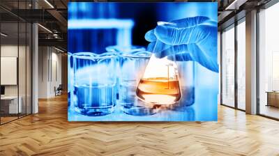 Flask in scientist hand with lab glassware background in laboratory. Science or chemical research and development concept.  Wall mural