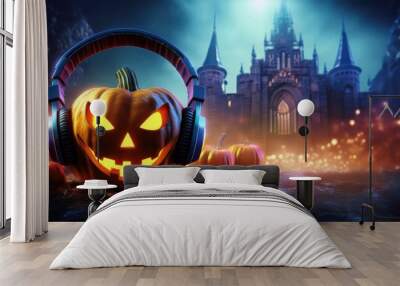 Halloween party. Jack O' Lantern pumpkin wearing headphones on Spooky old gothic castle, foggy night, haunted mansion background of a scary Halloween night. Wall mural