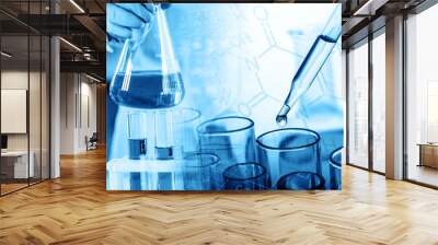 hand of scientist holding flask with lab glassware and test tubes in chemical laboratory background, science laboratory research and development concept Wall mural