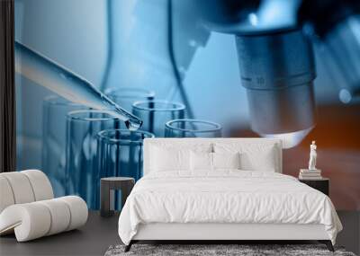 Microscope with lab glassware, science research and development concept  Wall mural