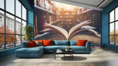 Open book on the table at retro library background, vintage tone Wall mural