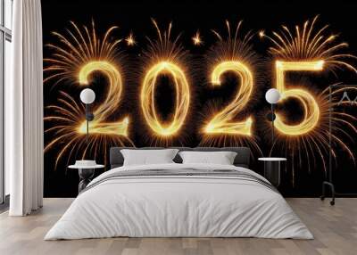 Sparkler 2025 text colorful firework illumination on dark blue sky background, happy new year 2025 concept	 Wall mural