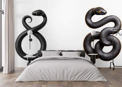 A collection of stylized black serpents featuring unique designs and poses, ideal for digital art and wildlife themes. Wall mural