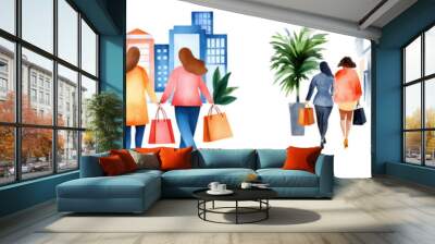 Group of friends enjoying a shopping day in a vibrant urban area, surrounded by modern architecture and greenery. Wall mural