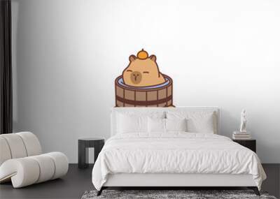 Cute capybara relaxing in hot bath with orange cartoon, vector illustration Wall mural