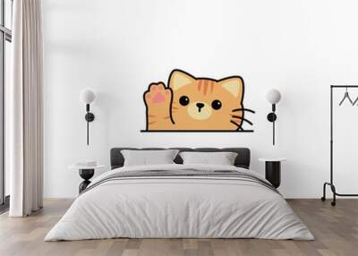 Cute orange cat waving paw cartoon, vector illustration Wall mural