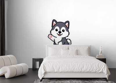 Cute siberian husky puppy sitting and waving paw cartoon, vector illustration Wall mural