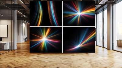 bright multicolored rays of light with flashes and glare from center on a black background Wall mural