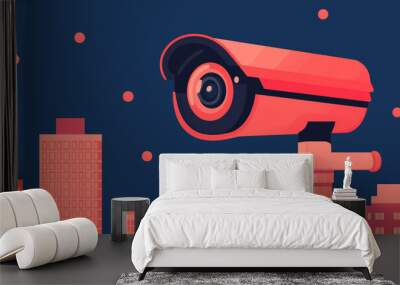 Security camera under neon lights, urban night, flat design illustration Wall mural