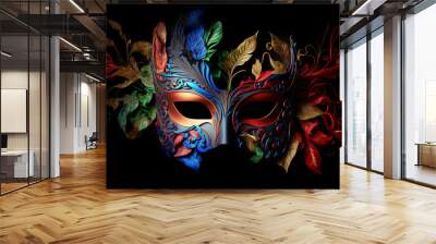  Cosplay, Venetian mask. colorful, Rainbow Metal bronze  masquerade party mask on a dark background. Mardi Gras Mask. AI generative Wall mural