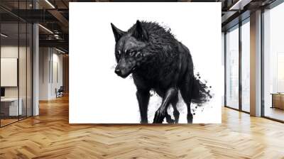 A drawing of an aggressive alpha black wolf on white background.  This is a digital art illustration. Wall mural