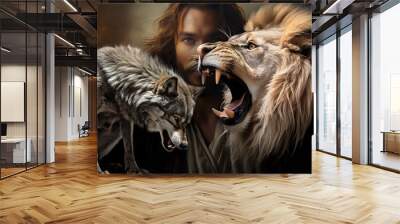 Biblical Symbolism:  Jesus Christ Lion of Judah, and Wolf Representing the Eternal Struggle of Good versus Evil.  Religion.   Wall mural