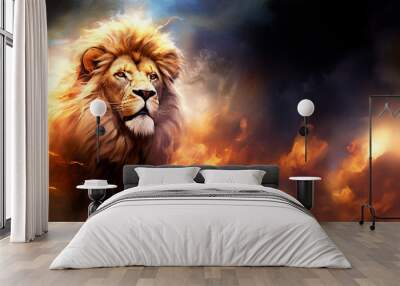 Divine Emergence: Witness the Lion of Judah, a symbol of Jesus, emerging from the midst of fiery trials like a beacon of hope in Christian faith. Wall mural