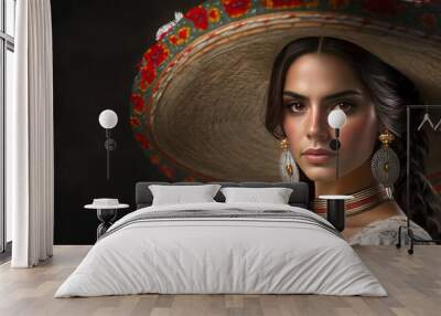 Fiesta in Full Swing: Celebrating Cinco de Mayo with Colorful Mexican Traditions and a Beautiful Model in a Sombrero.  Generative AI. Wall mural