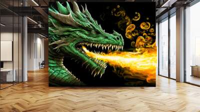 Green fire breathing dragon on black background.  Image created with generative ai. Wall mural