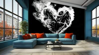 Heart of fire, smoke black on black. Valentines Day, smoke and fire on a black background, in the shape of a glowing heart. Room for words. Generative ai Wall mural