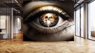 Human Eye With Cross Divine Gaze. The Powerful Symbolism of the Human Eye Reflecting the Cross, Signifying Faith, Healing, and Prayer.  Generative AI.  Wall mural