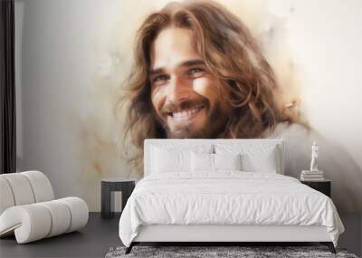 Jesus Christ, Divine Watercolor Portrait of Smiling Jesus Christ, the Lion of Judah, Lamb Of God.  Religion.  Wall mural