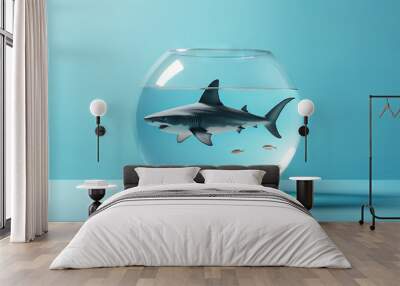 Shark In A Fish Bowl.  Unleashing the Predatory Force Within the Confines of a Fish Bow.  Generative AI. Wall mural