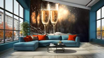 Two glasses of champagne sparkling wine, on a gold color winter background with light snow falling and bokeh effect. Winter Solstice,  New Years, wedding, party celebrations. Generative ai image. Wall mural