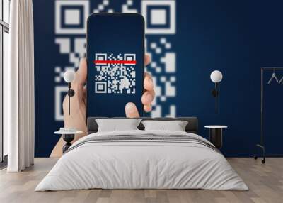 Hand using mobile smart phone scan Qr code. Barcode reader, Qr code payment, Cashless technology, Digital money concept. Wall mural