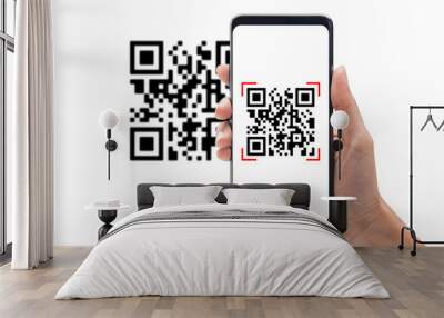 Hand using mobile smart phone scan Qr code. Barcode reader, Qr code payment, Cashless technology, Digital money concept. Wall mural