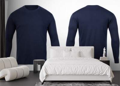 Navy long sleeve t-shirt front and back view mock-up isolated on white background with clipping path. Wall mural