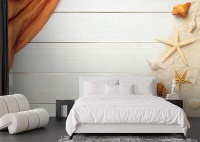 Summer background with beach accessories - towel on white wood table background top view with copy space. Wall mural