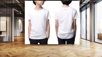 Young boy in white T shirt mockup front and back view, Cutout. Wall mural