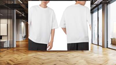 Young man in blank oversize t-shirt mockup front and back used as design template, isolated on white background with clipping path. Wall mural