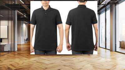 Young man in blank Polo t-shirt mockup front and back used as design template, isolated on white background with clipping path. Wall mural