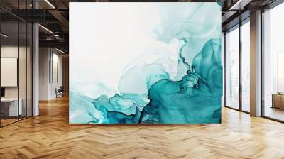 Abstract liquid fluid art painting background in teal blue green cool tones with alcohol ink technique on white banner text space Wall mural