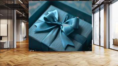 Blue gift box with elegant bow on a clean background: ideal for celebrating special occasions, birthday surprises, holiday gifts, or romantic presentations, perfect for e-commerce, advertising, and fe Wall mural