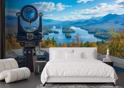 Coin-operated viewfinder overlooking scenic lake placid and majestic adirondack mountains, ideal for travel and tourism marketing, inspirational nature landscapes, and business backgrounds Wall mural