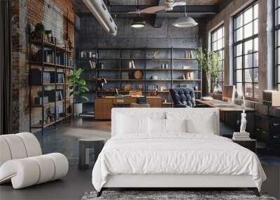 Contemporary industrial loft office interior design, 3d render - business concept.

 Wall mural